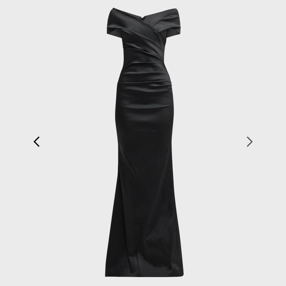 Rickie Freeman For Teri Jon Pleated Off-Shoulder Satin Column Gown - Picture 4 of 15